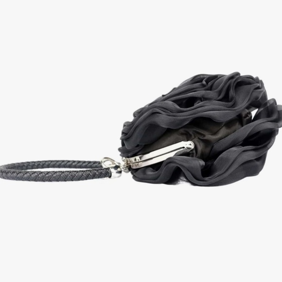 Black Satine Rose Flower Clutch Handbag with Removeable Strap - Picture 4 of 5